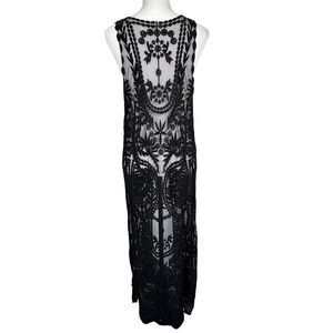 MAY & JULY Womens S/M Black Lace Floral Sleeveless Long Duster Cardigan Cover Up
